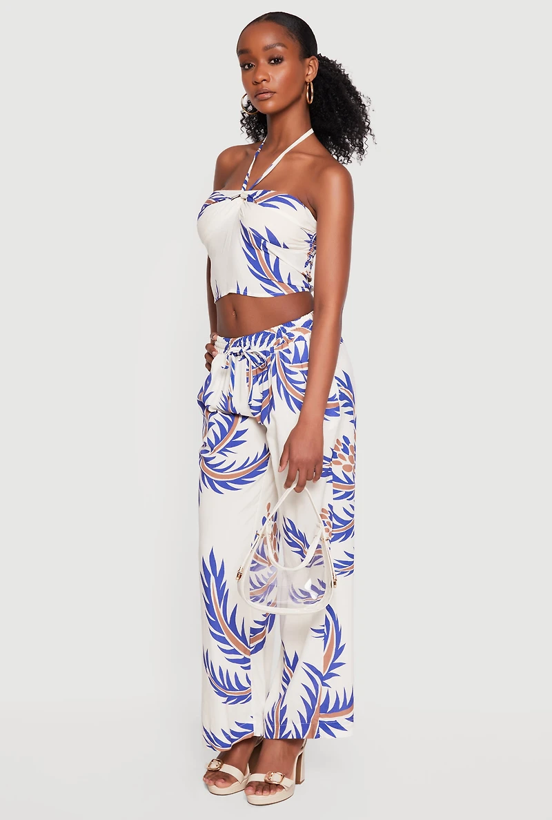 Abstract Palm Leaf Print Halter Crop Top