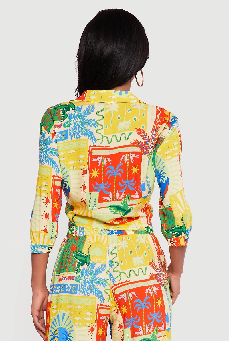 Patterned Cropped Tie Front Shirt