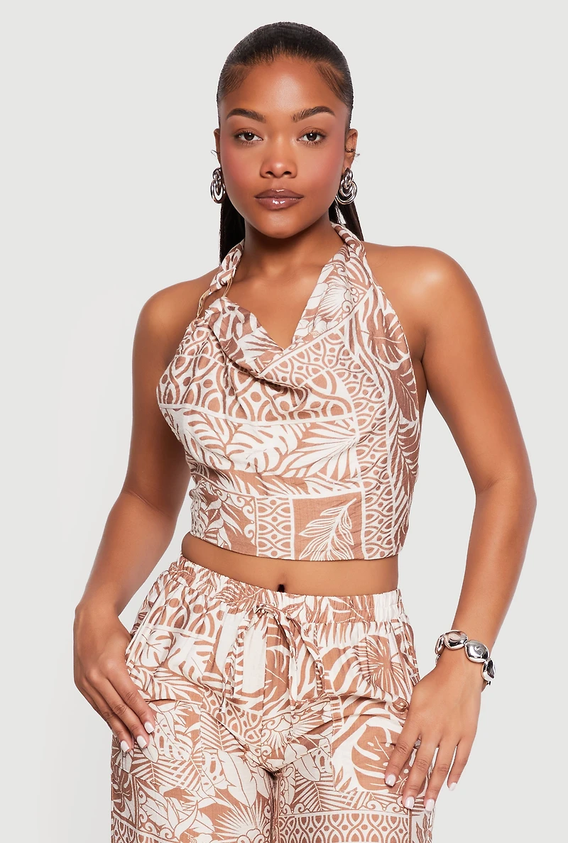 Patterned Gauze Knit Cropped Halter Top