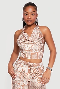 Patterned Gauze Knit Cropped Halter Top