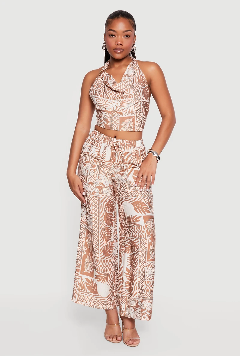 Patterned Gauze Knit Cropped Halter Top