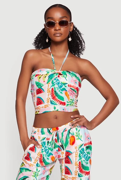 Tropical Floral Fruit Print Halter Crop Top