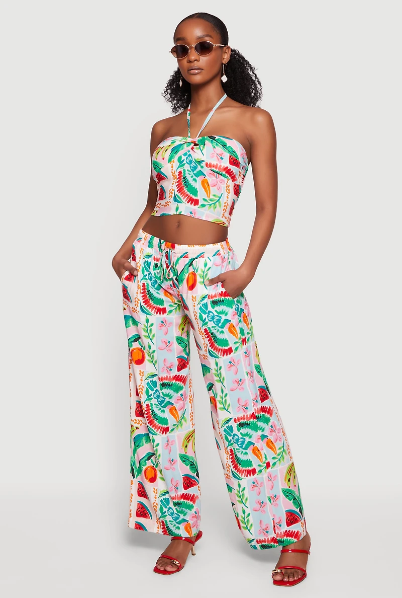 Tropical Floral Fruit Print Halter Crop Top