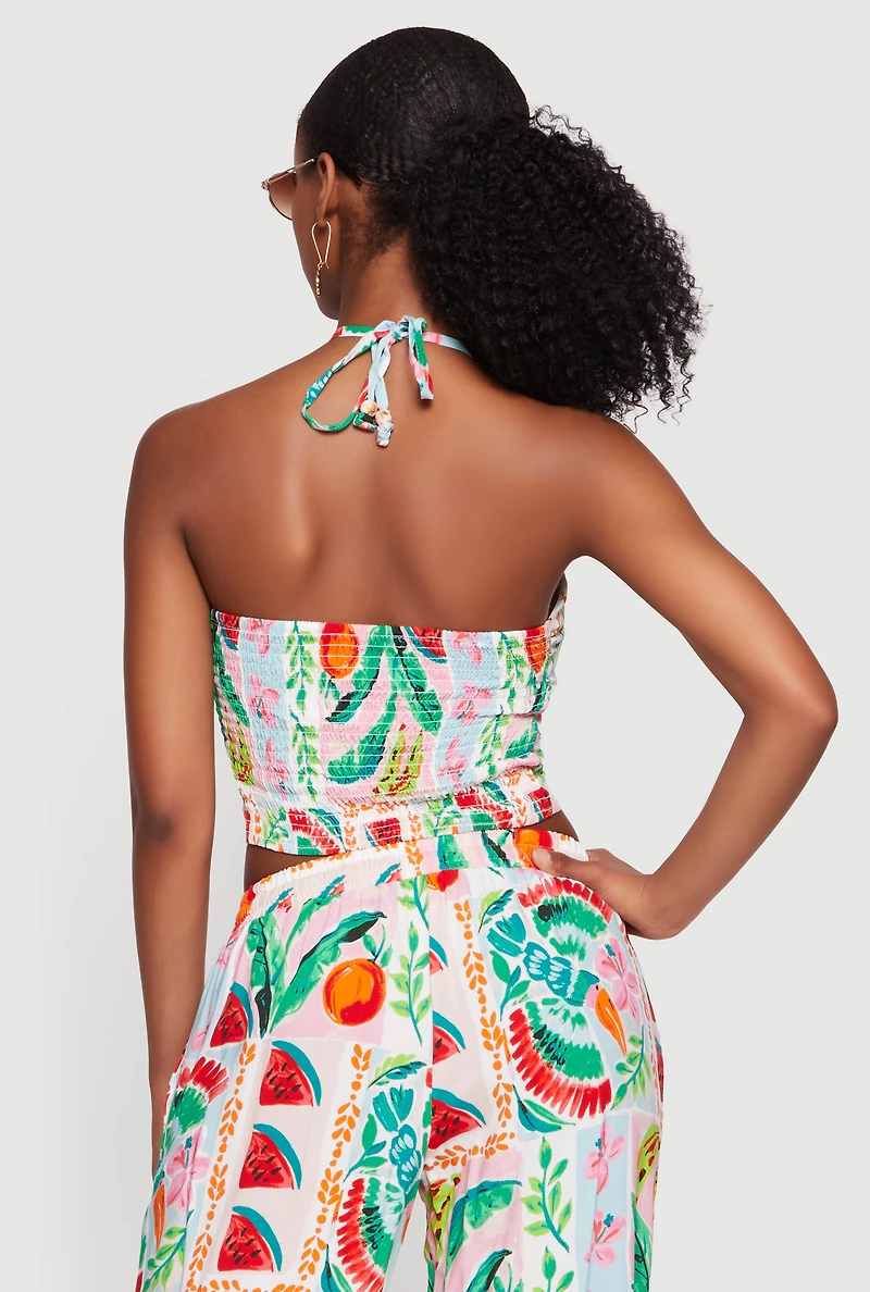 Tropical Floral Fruit Print Halter Crop Top