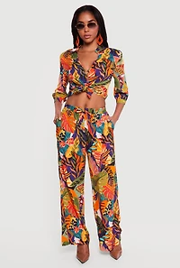 Abstract Floral Leaf Print Pants