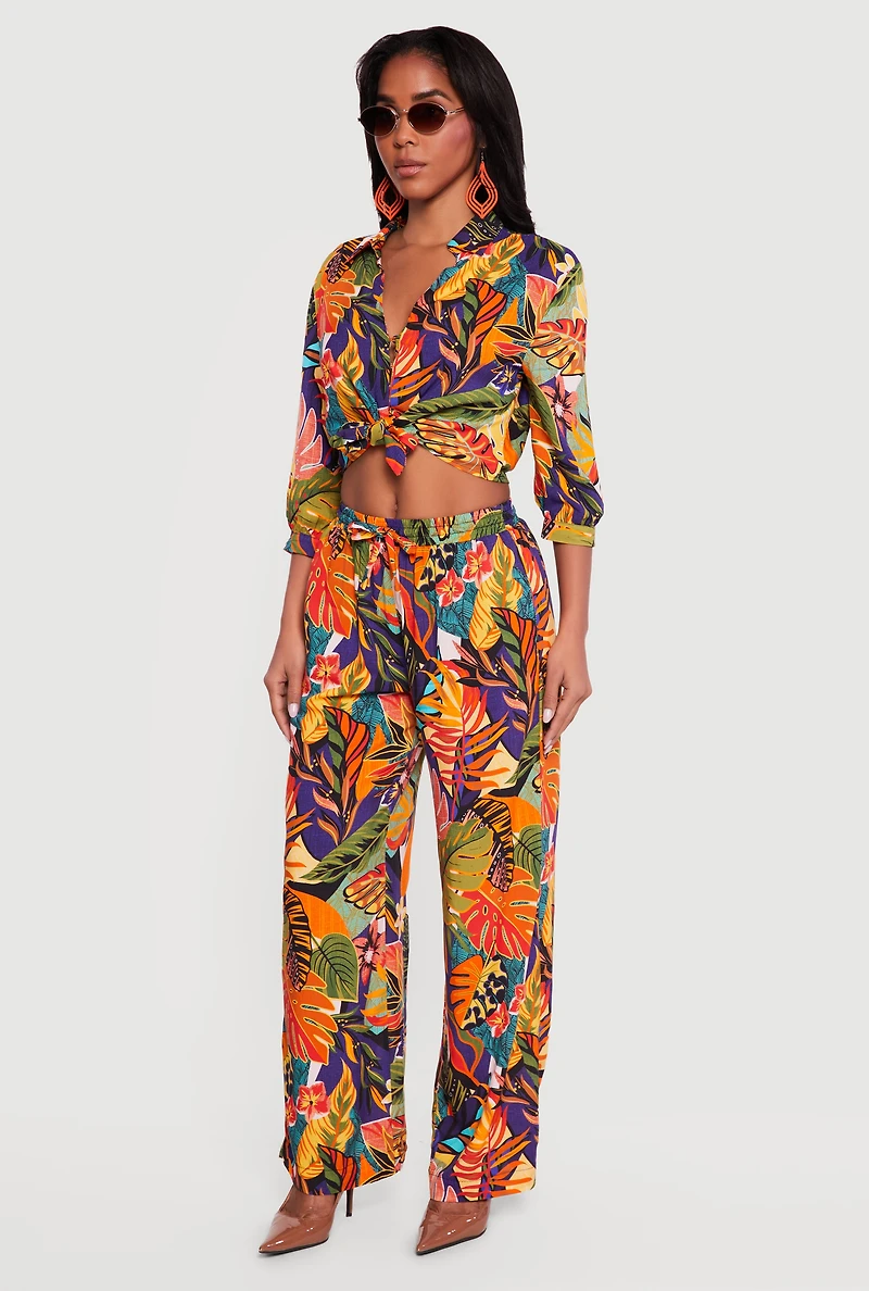 Abstract Floral Leaf Print Pants