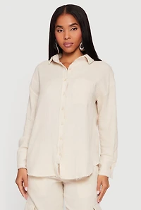 Gauze Knit Long Sleeve Shirt with Raw Hem