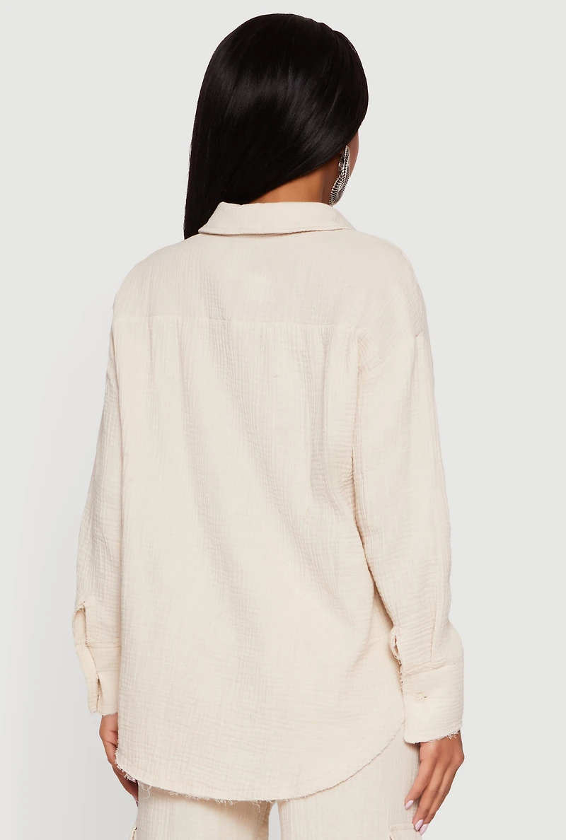 Gauze Knit Long Sleeve Shirt with Raw Hem