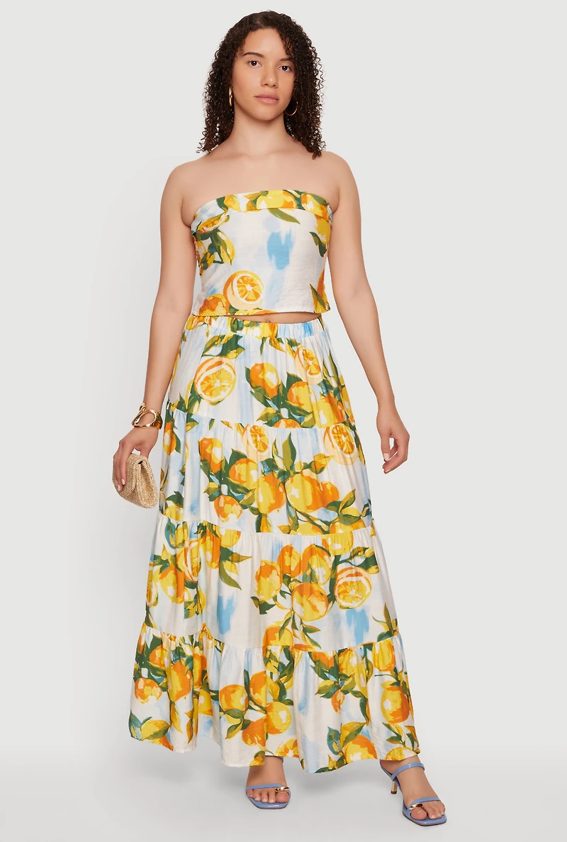 Lemon Print Tiered Maxi Skirt
