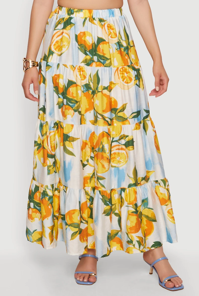 Lemon Print Tiered Maxi Skirt