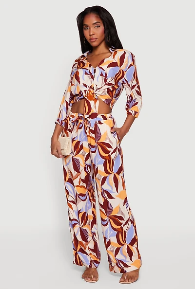 Leaf Print Drawstring High Waisted Pull On Pants