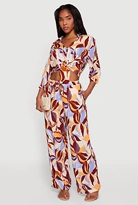 Leaf Print Drawstring High Waisted Pull On Pants