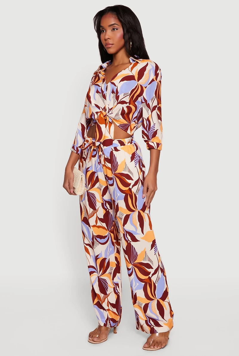 Leaf Print Drawstring High Waisted Pull On Pants