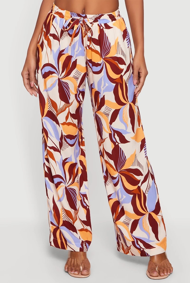 Leaf Print Drawstring High Waisted Pull On Pants