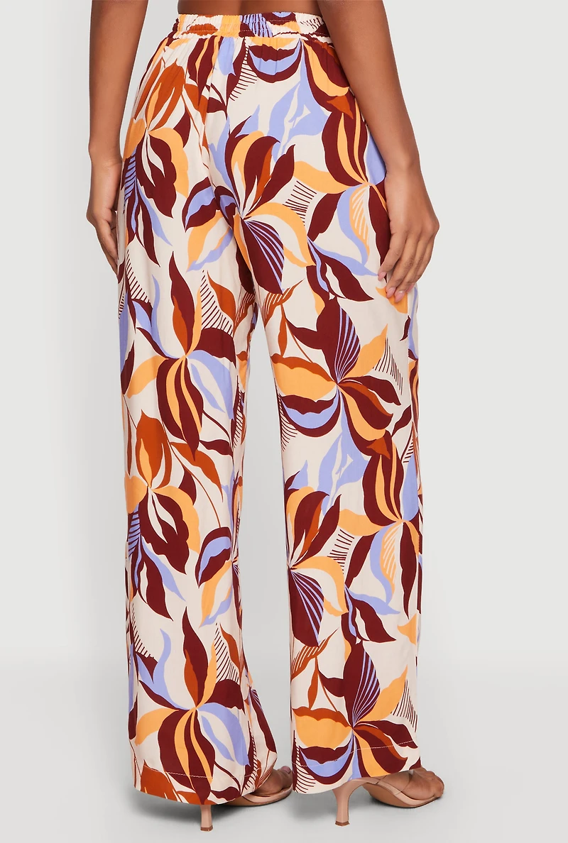 Leaf Print Drawstring High Waisted Pull On Pants