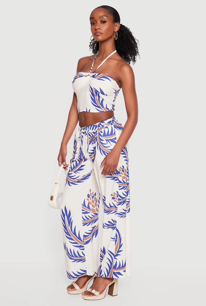 Abstract Palm Leaf Print Wide Leg Pants