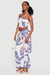 Abstract Palm Leaf Print Wide Leg Pants