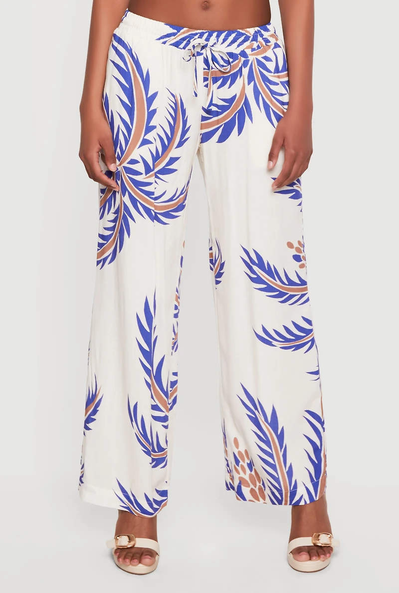 Abstract Palm Leaf Print Wide Leg Pants