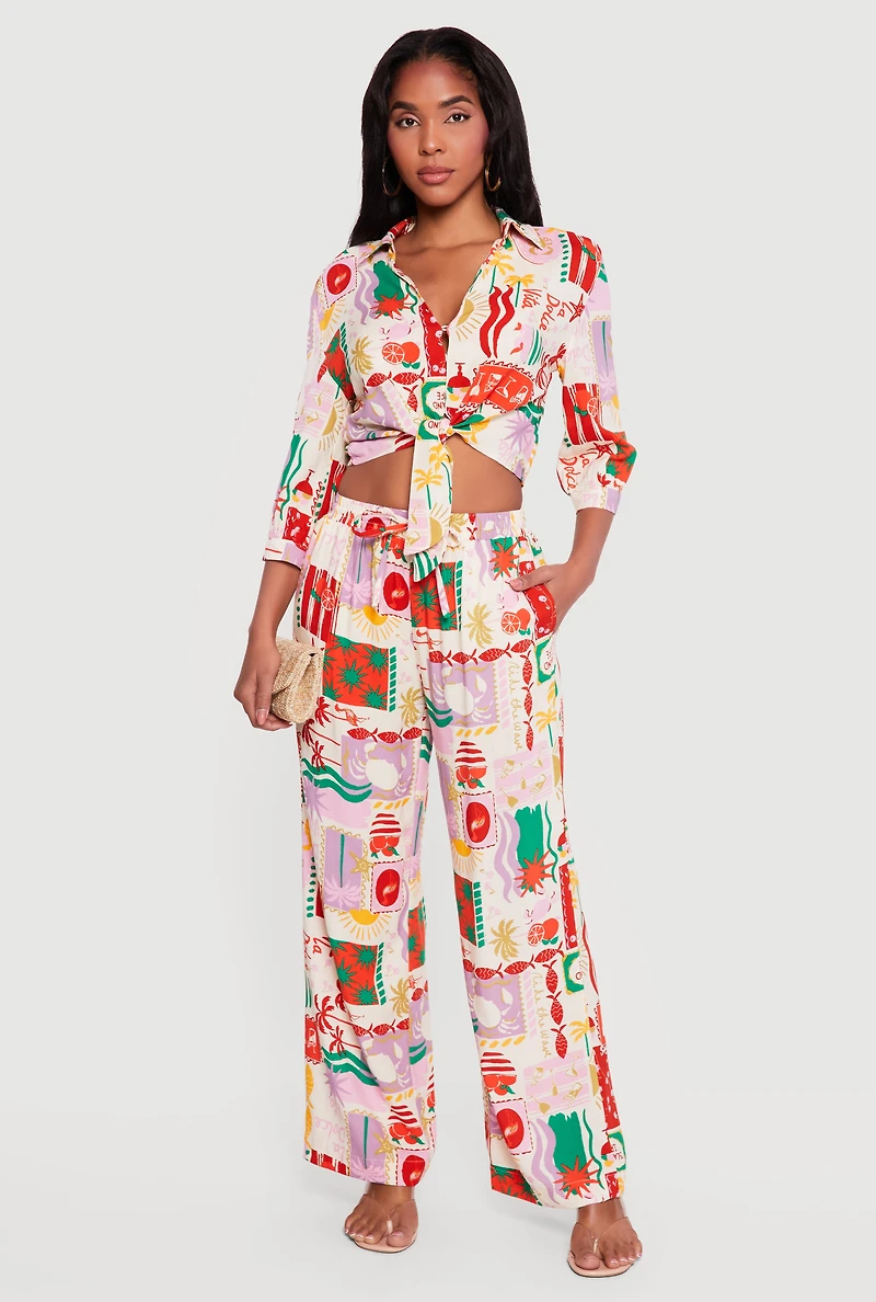 High Waisted Tropical Pattern Drawstring Waist Pants