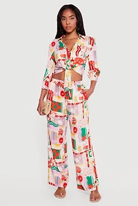High Waisted Tropical Pattern Drawstring Waist Pants