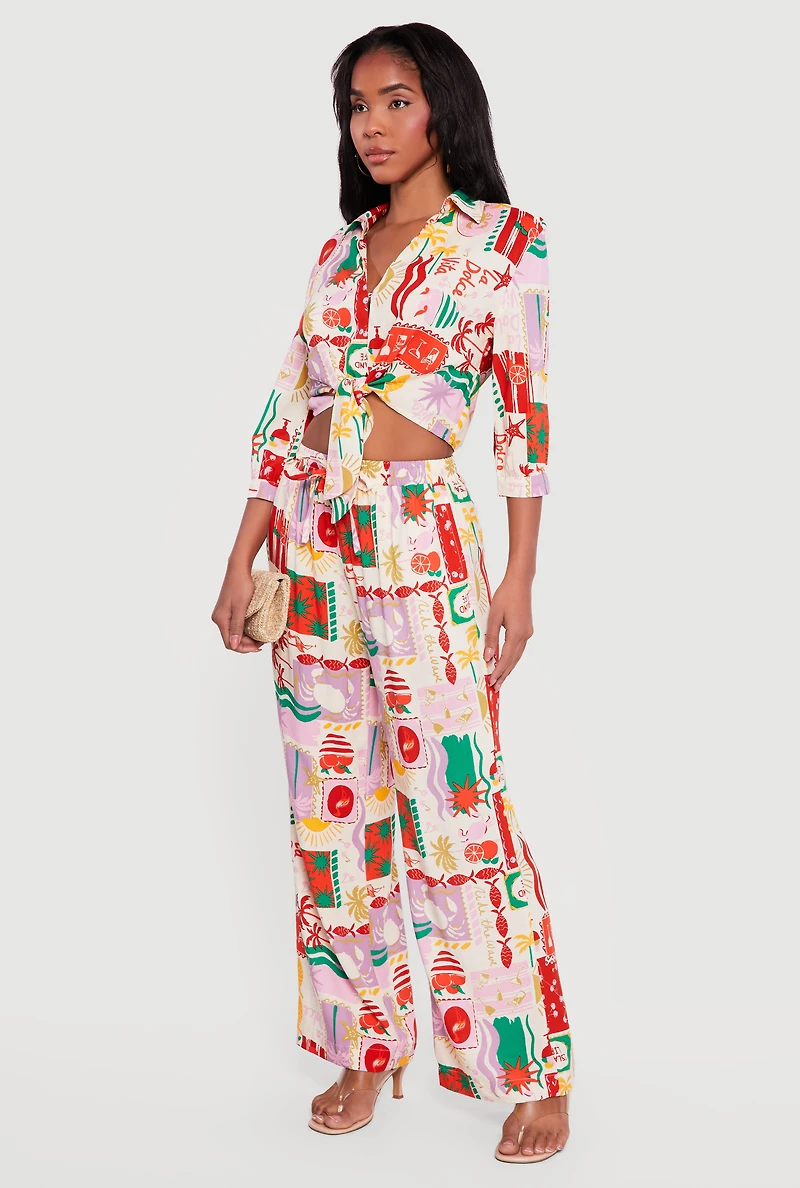 High Waisted Tropical Pattern Drawstring Waist Pants