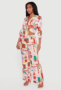 High Waisted Tropical Pattern Drawstring Waist Pants