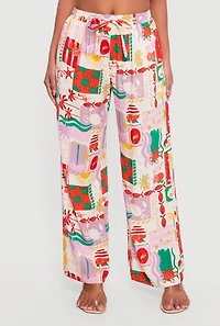 High Waisted Tropical Pattern Drawstring Waist Pants