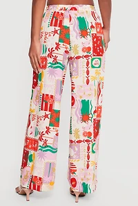 High Waisted Tropical Pattern Drawstring Waist Pants