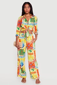 High Waisted Tropical Pattern Drawstring Waist Pants