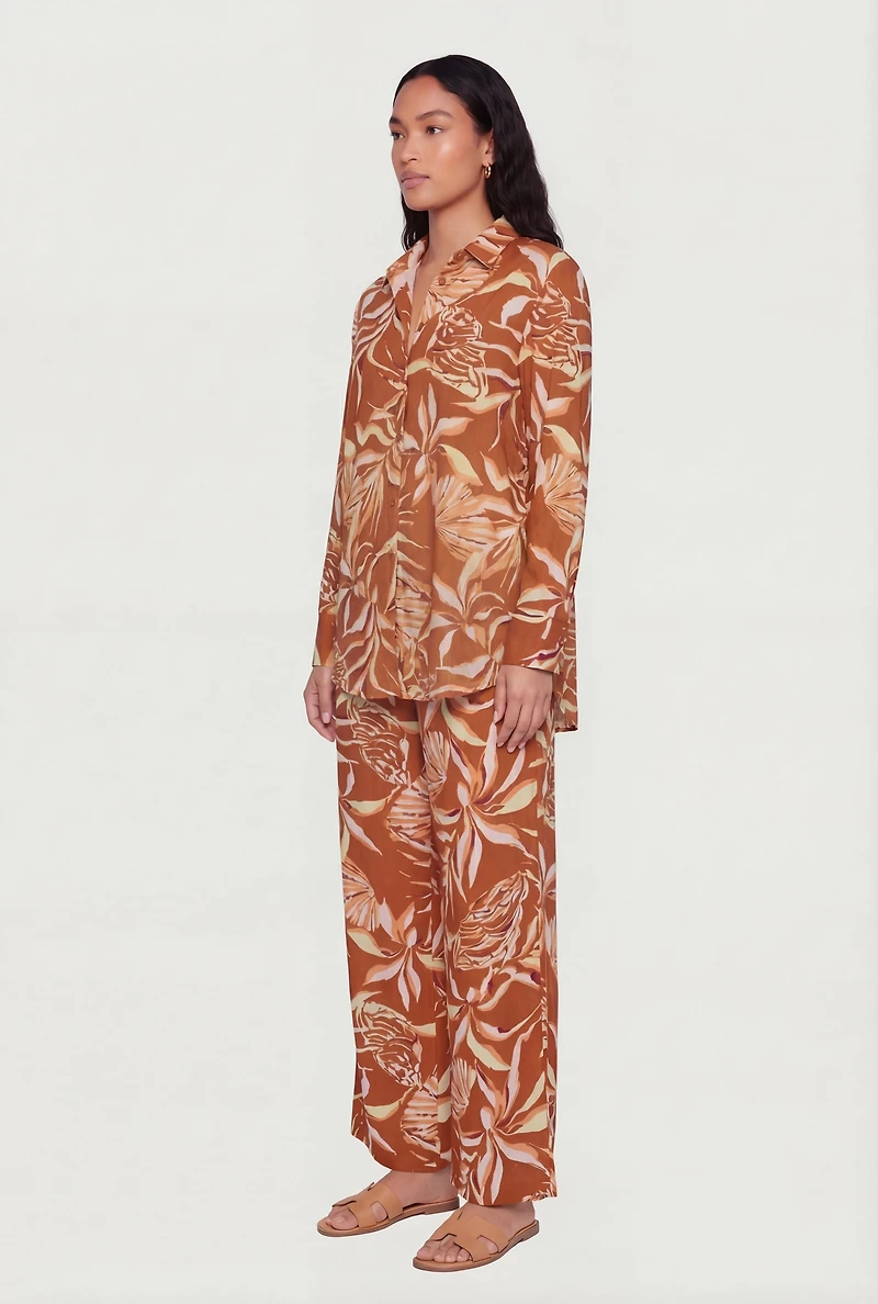 Floral Print Drawstring Waist Wide Leg Casual Pants