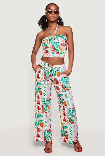 Tropical Floral Fruit Print Wide Leg Pants