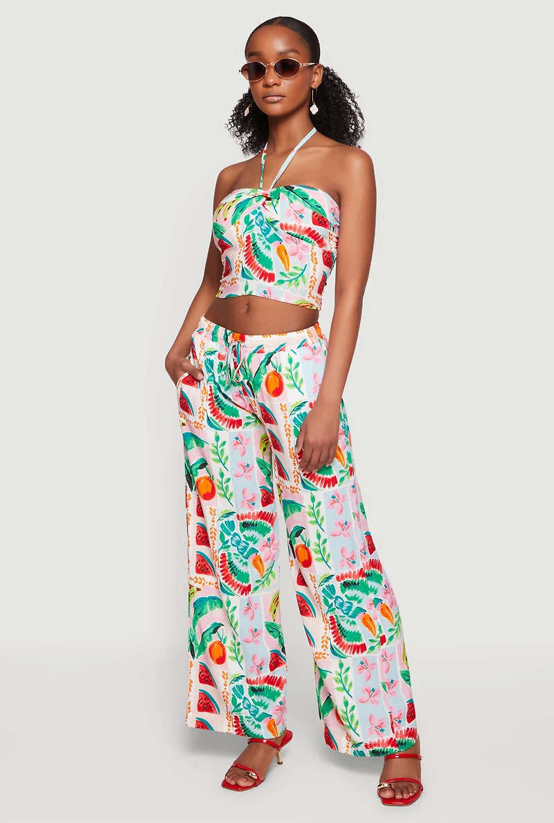 Tropical Floral Fruit Print Wide Leg Pants