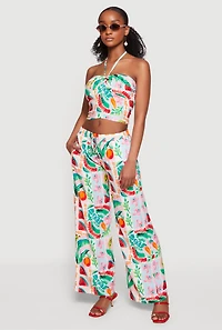Tropical Floral Fruit Print Wide Leg Pants