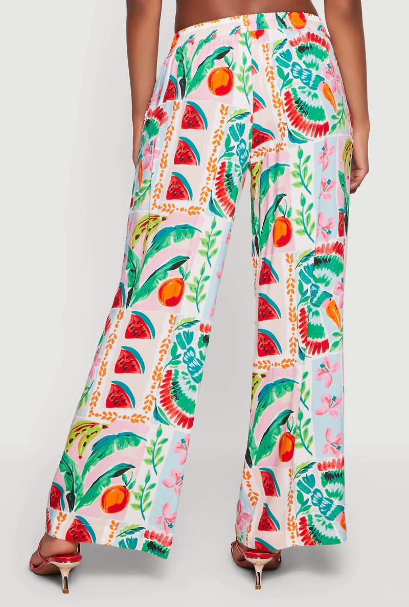 Tropical Floral Fruit Print Wide Leg Pants