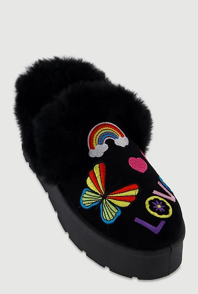Womens Faux Fur Embroidered Graphic Slip On Platform Booties,