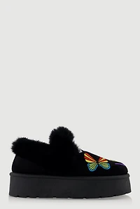Womens Faux Fur Embroidered Graphic Slip On Platform Booties,
