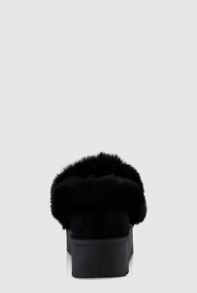 Womens Faux Fur Embroidered Graphic Slip On Platform Booties, Black, Size 7