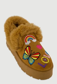 Womens Faux Fur Embroidered Graphic Slip On Platform Booties, Brown,