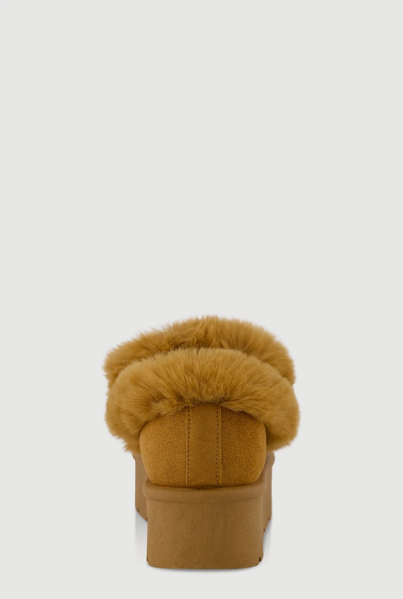 Womens Faux Fur Embroidered Graphic Slip On Platform Booties, Brown, Size 7.5