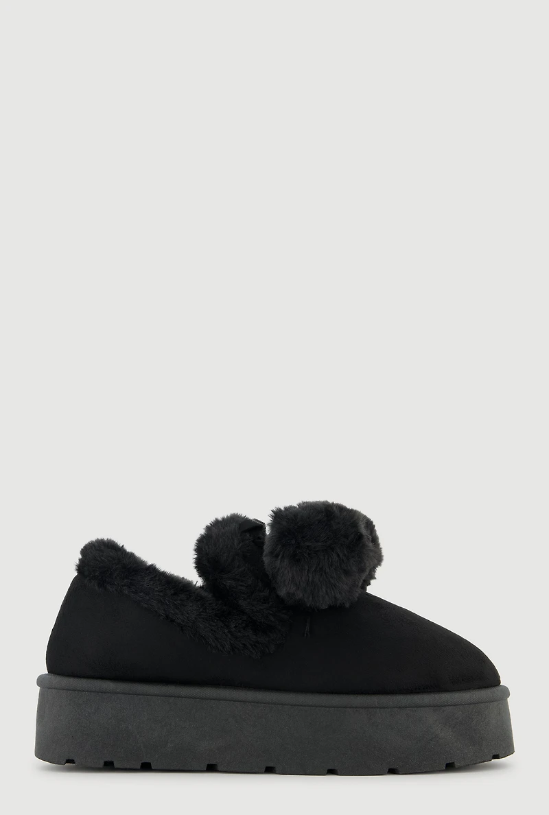 Womens Faux Fur Pom Platform Clogs,