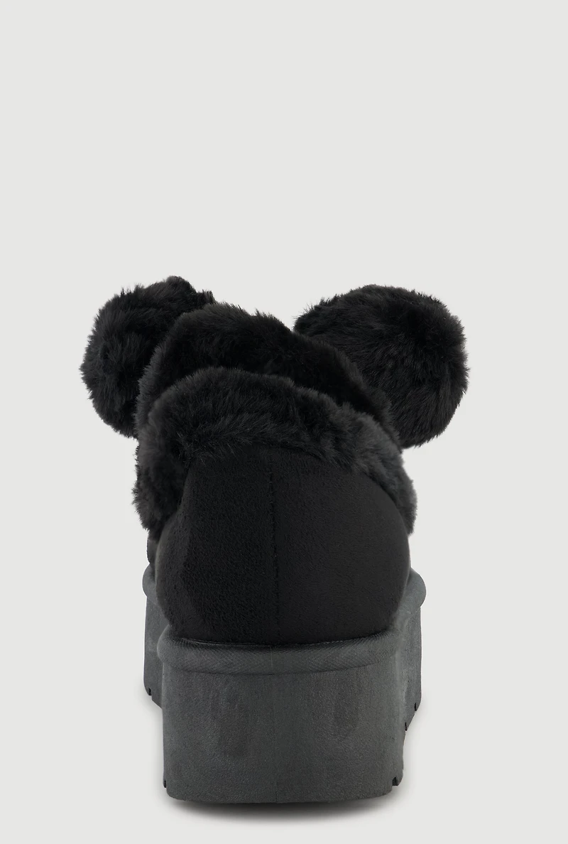 Womens Faux Fur Pom Platform Clogs,