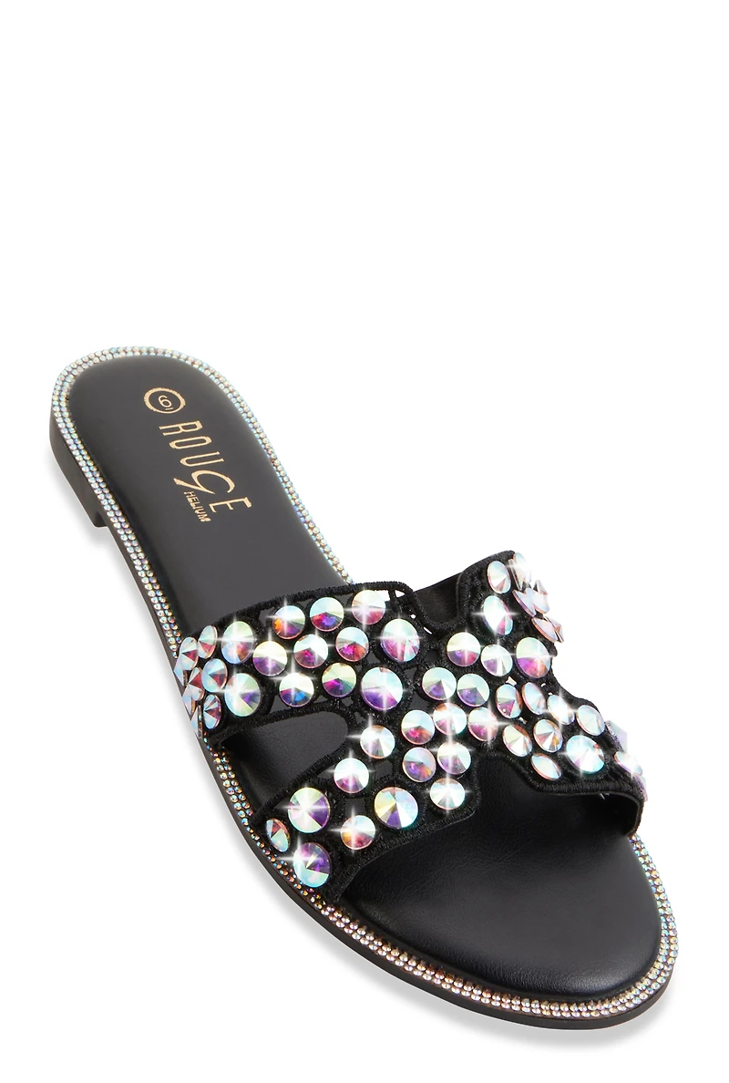 Studded Rhinestone Cut Out Band Slide Sandals