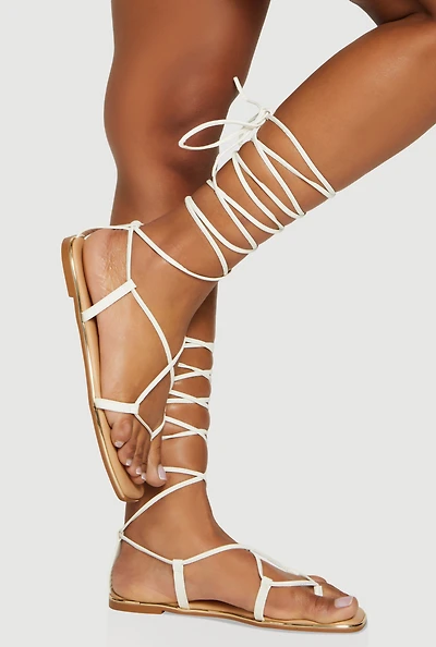 Faux Leather Lace Up Strappy Sandals