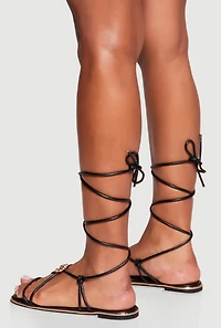 Metallic Detail Faux Leather Lace Up Sandals
