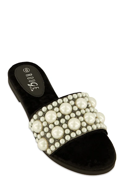 Velvet Faux Pearl Band Slide Sandals