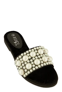 Velvet Faux Pearl Band Slide Sandals