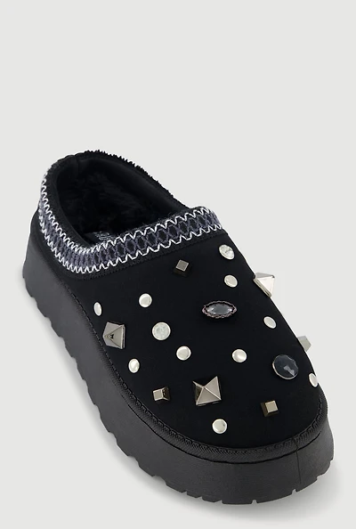 Womens Rhinestone Studded Charm Platform Clogs,