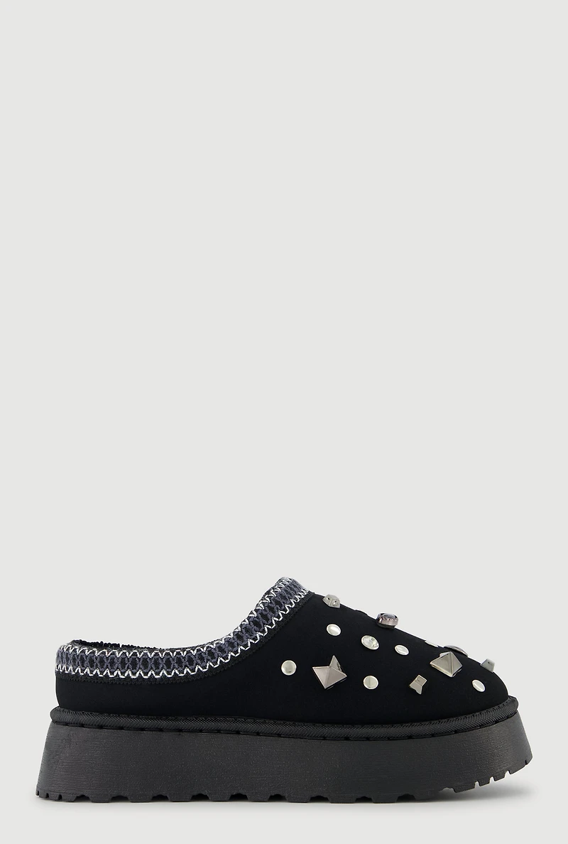 Rhinestone Studded Charm Platform Clogs