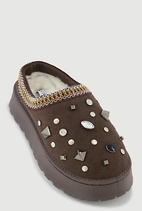 Womens Rhinestone Studded Charm Platform Clogs, Brown, Size 11