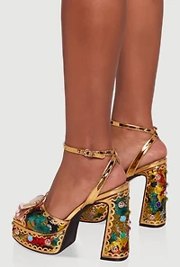 Jacquard Block Heel Platform Sandals with Gemstones